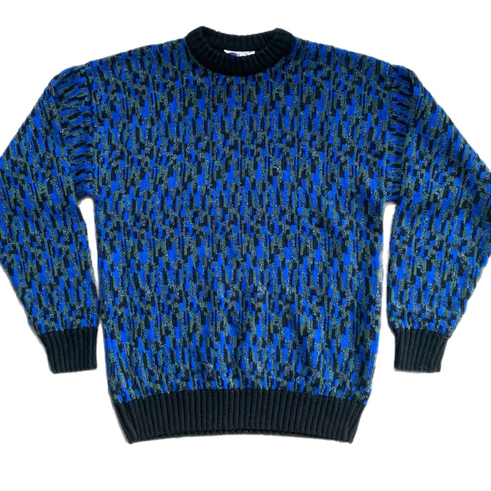 Vintage Blue and Black Patterned Knit Sweater